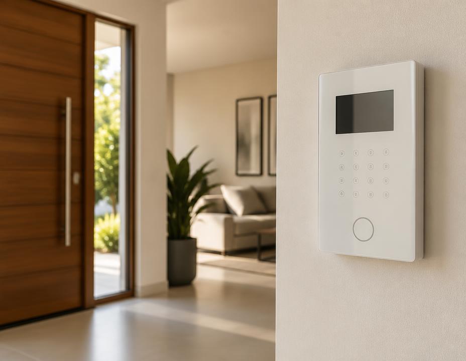 Painel de alarme instalado em uma parede residencial